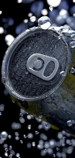 Soda can amidst vibrant, sparkling water bubbles against a dark background.