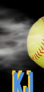 Softball in motion with black background