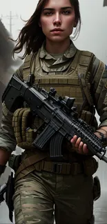 Female soldier in urban combat gear walking through city.