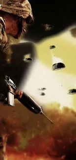 A soldier in action with parachutes in the background, creates an intense scene.