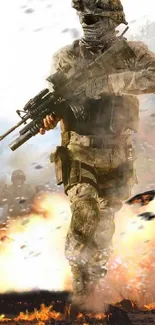 Dynamic soldier in battlefield with fire around, military-themed mobile wallpaper.