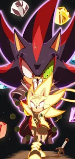 Sonic and Shadow with chaos emeralds in anime style wallpaper.