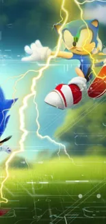 Sonic the Hedgehog in action with electric energy on mobile wallpaper.