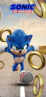 Sonic the Hedgehog running with rings in a blue-themed mobile wallpaper.