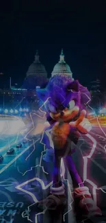 Sonic character with lightning in a vibrant city night backdrop.