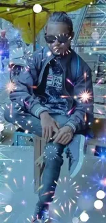 Stylish man surrounded by vibrant sparkles.