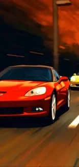 Dynamic racing car speeding on road.