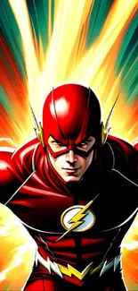 Dynamic superhero in red suit with energy burst background.