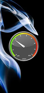 Dynamic speedometer on black with blue smoke.