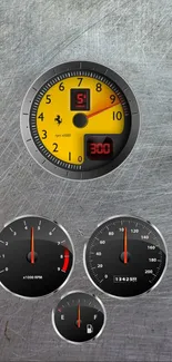 Dynamic speedometer and gauges on textured gray background.