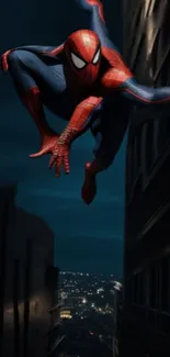 Spider-Man leaping between buildings at night.