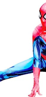 Superhero in dynamic red and blue pose on white background.