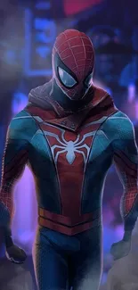 Dynamic superhero in red and blue suit on foggy background.