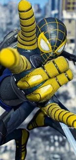 Spider-themed hero in yellow suit leaps through cityscape.