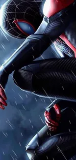 Wallpaper with spider hero in dynamic rain.