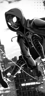 Dynamic black and white Spider Hero leaps through a cityscape.