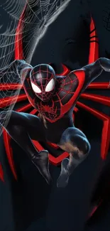 Spider hero in dynamic pose with web design.