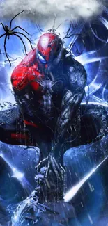 Dynamic Spider Hero crouching against a dark blue background with vibrant red highlights.