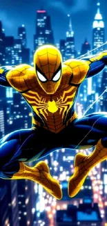 Spider-Man leaps against a city nightscape background.