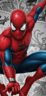 Dynamic Spider Hero in action pose with comic background.
