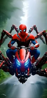Spider-inspired hero rides a mechanical bike in a forest.