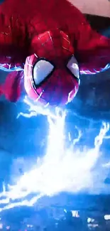 Spider-Man in mid-air with striking electric charge.