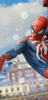 Spider-Man swinging through the city in dynamic action pose.