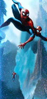 Spider-Men soar through cosmic canyon, vibrant colors.