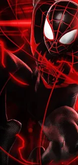 Dynamic superhero mobile wallpaper in red and black hues.