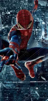 Spider-Man swings through the cityscape in dynamic mobile wallpaper.