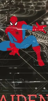 Spider-Man posing with webs in digital art background.