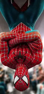 Spider-Man in dynamic pose hanging upside down in subway setting.