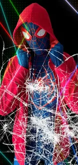 Spider-Man in red hoodie, blue suit wallpaper.