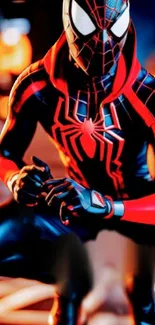 Vibrant Spider-Man wallpaper with red and black suit in dynamic pose.