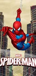 Spider-Man swinging through a vibrant city skyline, iconic superhero wallpaper.