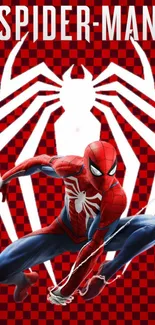 Dynamic Spider-Man phone wallpaper with red checkered background.