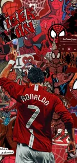 Ronaldo with Spider-Man collage wallpaper combining comics and sports.