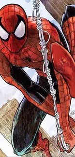 Spider-Man swinging in dynamic comic art pose.