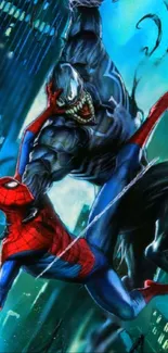 Spider-Man and Venom battle in a vivid cityscape artwork.