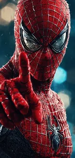 Spider-Man pointing forward in dynamic wallpaper design