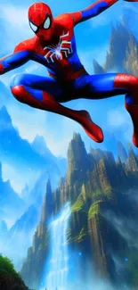 Spider-Man swings dynamically across a vibrant mountain landscape.