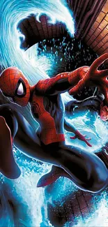 Spider-Man leaping through water with dynamic action in vivid colors.