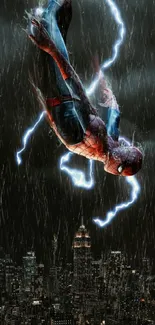 Spider-Man swings through lightning over a cityscape in dynamic wallpaper.