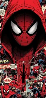 Spider-Man wallpaper with comic book scenes and red hood.