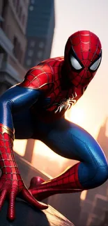 Superhero in dynamic pose with city backdrop, vibrant red and blue costume.