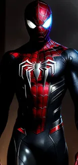 Dynamic superhero in a dark Spider Suit under city lights.