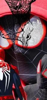 Vibrant superhero collage with spider costumes and bold colors in dynamic design.