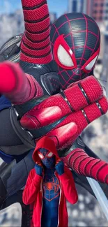 Spider-Man in action with vibrant red and blue suit against a city backdrop.