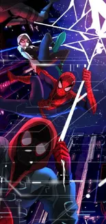 Dynamic Spider-Verse heroes in action with cosmic city background.