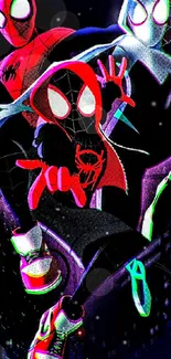 Trio of Spider characters in vibrant colors on a mobile wallpaper.